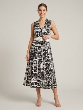 Sleeveless Black and White Printed Midi Dress with Belt